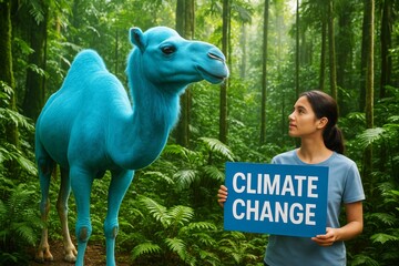 Woman holding climate change sign beside surreal blue camel in lush forest, symbolizing environmental impact and awareness of global warming. Ai generative