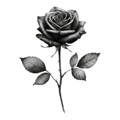 Black Rose with Stalk and Leaf Elegant Botanical Floral Art Isolated Hand Drawn Watercolor Painting Illustration