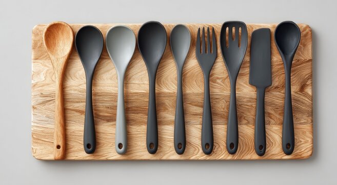 Assorted kitchen utensils on a wooden board
