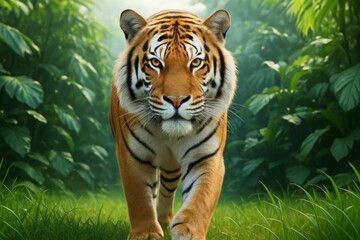 Obraz premium Majestic tiger walking through lush jungle with soft light and misty background, highlighting wildlife beauty and nature's raw power. Ai generative
