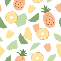 Colorful and playful hand-drawn seamless pattern with pineapple and yabstract shapes