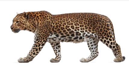 Photo of a leopard walking isolated on a white background with a clipping path Fullbody portrait