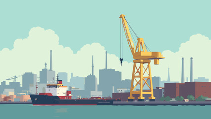 Fototapeta premium Bridgeport, CT – Harbor and maritime cranes with industrial skyline under soft light, palette: harbor teal, crane yellow, slate, brick
