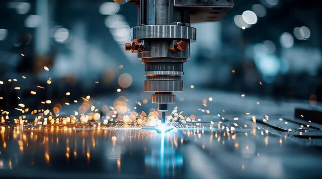 Cnc milling machine cutting metal with blue sparks