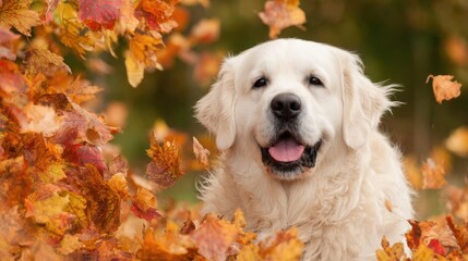 Friendly Golden Retriever with autumn leaves background, suitable for loyalty themes, pet adoption, or seasonal campaigns.