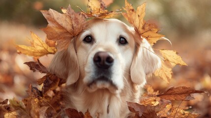 Friendly Golden Retriever with autumn leaves background, suitable for loyalty themes, pet adoption, or seasonal campaigns.