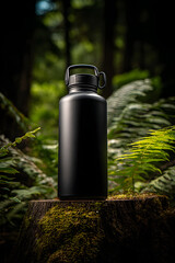 Hydro Adventure: A sleek, black water bottle stands proudly atop a moss-covered tree stump in a dense forest.