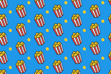 Popcorn bucket with pop colorful doodle seamless pattern on blue background. Cinema popcorn pattern background. Popcorn box isolated motif wallpaper. Movie night and cafes packaging and merchandise