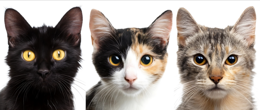 3 cats one black cat with yellow eyes white background one calico cat with brown and creamcolored short hair and long ears female portrait photo studio shot h