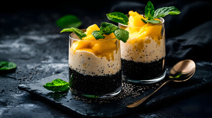Indulge in delicious mango chia seed pudding parfait, a healthy and vibrant dessert option perfect for a modern lifestyle brand