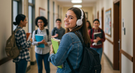 Young Student in Corridor: A young, joyful student wearing headphones strolls through a school corridor. smiling at camera, surrounded by a group of other diverse students.