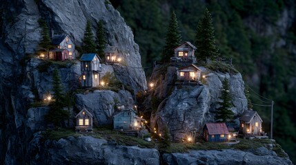Fototapeta premium A quaint village nestled atop a craggy mountainside, illuminated by warm, inviting lights at twilight.