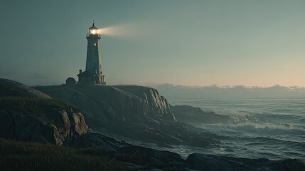 Fototapeta premium Lighthouse beaconing over a misty ocean