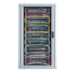 Server rack with network cables isolated on transparent background