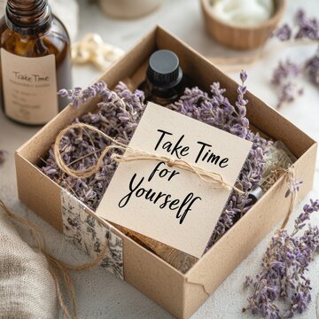 A serene gift box filled with lavender and self-care essentials, featuring a note that encourages taking time for oneself, self love gifts on white background