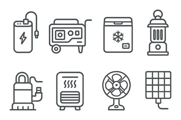 Home appliance icons: power bank, generator, freezer, heater, fan, solar panel