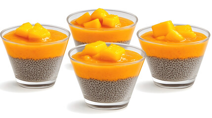 Delicious mango chia seed pudding in glass cups for healthy dessert recipes and vibrant food photography featuring fresh tropical fruit