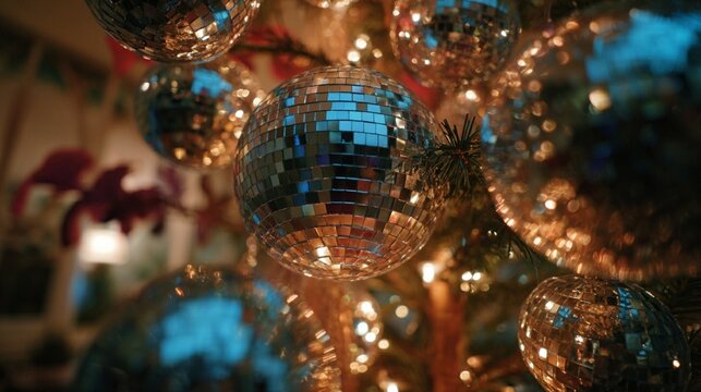 Sparkling disco balls reflect warm golden lights amid festive pine branches, creating a mesmerizing holiday party atmosphere with vintage glamour and retro charm