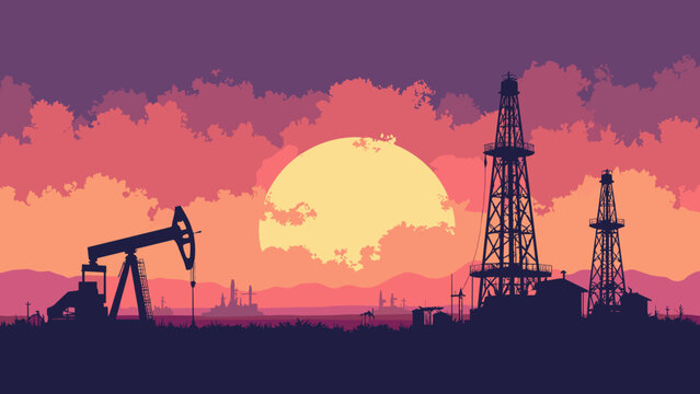Midland, TX &ndash; Permian Basin rigs at sunset with oil sheen and flat horizon, palette: oil black, rust, wheat gold, twilight purple