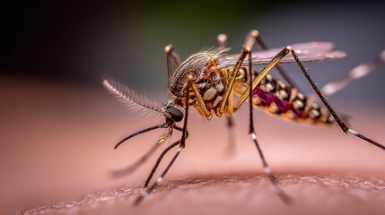 Fototapeta premium A close-up view of a mosquito perched on skin, showcasing intricate details of its body and wings, illustrating the fascinating world of insects with precision and vividness.