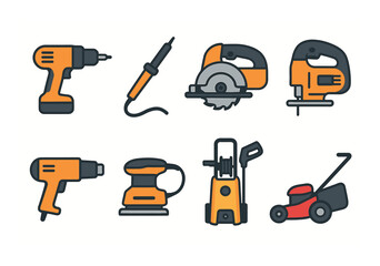 Colorful set of power tools: drill, soldering iron, saw, jigsaw, sander, pressure washer, lawnmower