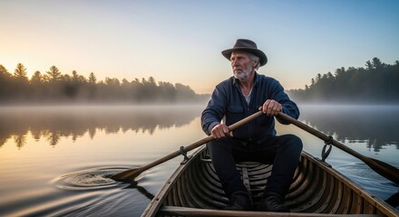 Elderly Man Rowing Boat on Misty Lake at Sunrise.