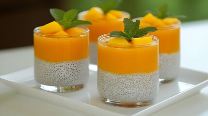 Indulge in delicious mango chia seed pudding cups, a healthy and vibrant treat for breakfast or dessert, topped with fresh mint