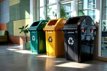 Three recycling bins in a modern office setting