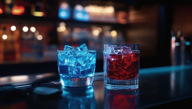 A bar counter with three glasses of blue and red drinks, each glass filled to the brim with ice cubes