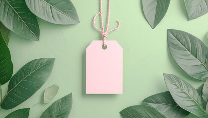 Minimalist scene with a customizable pink tag, framed by lush green leaves, ideal for branding or sales.