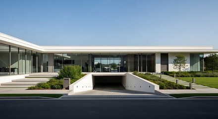 Modern Architecture Building Entrance with Glass Facade and Landscaped Surroundings.