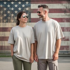 Obraz premium Middle-aged couple, male and female models wearing white crewneck t-shirt, cargo pants standing beside American flag. Women's, men's short sleeve tshirt mockup. Proud army mom, dad 