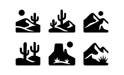 Set of minimalist desert landscape icons with mountains and cacti