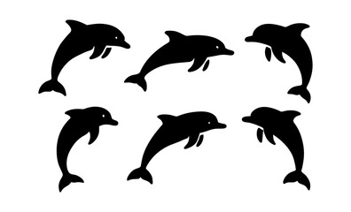 Fototapeta premium Silhouette dolphins: diverse poses of playful marine animals on a plain background