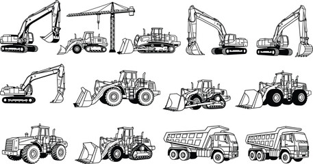 Collection of Various Construction Machinery, Excavators, Bulldozers, Cranes, Loaders, Dump Trucks, Heavy Equipment Illustrations for Industrial Projects