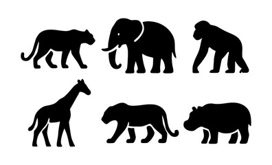 Obraz premium Silhouette safari animals: elephant, gorilla, giraffe, hippo, and big cats in black