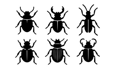 Silhouette collection of insects featuring various beetle designs in black and white