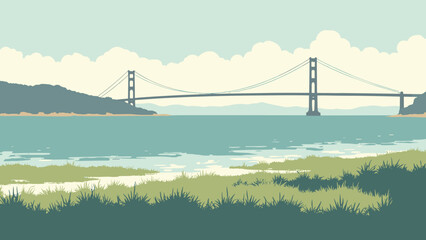 Obraz premium Hayward, CA – Bay shoreline with salt marsh and distant Bay Bridge span, palette: marsh green, bay teal, bridge gray, fog white