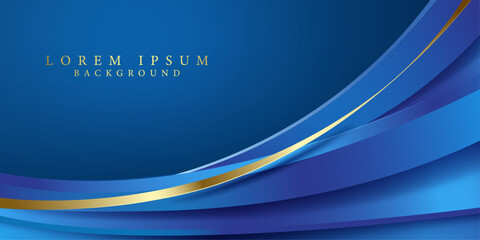 blue color shiny curve layers and gold ribbon layer decoration luxury creative 3D background,cover design element and award banner vector illustration.