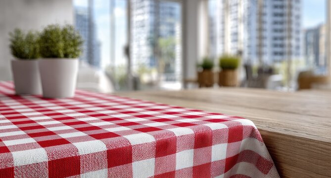 Checkered tablecloth on a wooden table