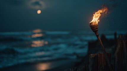 Torchlit Twilight by the Sea: In the tranquil hush of the night, a solitary torch casts a warm, inviting glow against the backdrop of a serene sea and a captivating full moon.