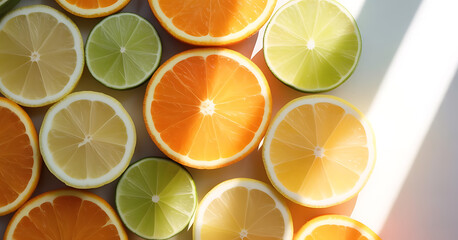 Fototapeta premium A flat lay of bright, sliced citrus fruits including oranges, lemons, and limes.