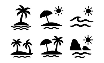 Tropical beach icons: silhouette collection of palm trees, umbrellas, and waves