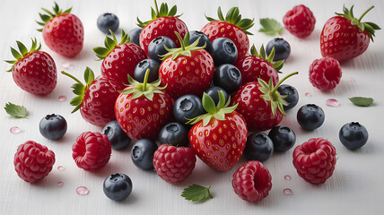 A colorful mix of fresh strawberries, raspberries, and blueberries scattered on a white background