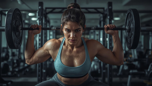 Strong fit woman lifting barbell heavy weight strength training fitness workout gym muscular athlete bodybuilding powerlifting motivation determination sweat exercise - Powered by Adobe