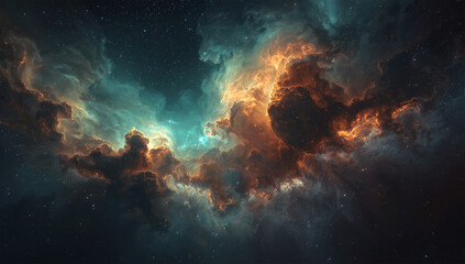 Colorful Space Nebula with Stars and Cosmic Clouds, Deep Space Astronomy Background, Stunning Outer Space Galaxy Formation with Orange and Blue Gaseous Clouds, Universe and Cosmic Explosion Concept