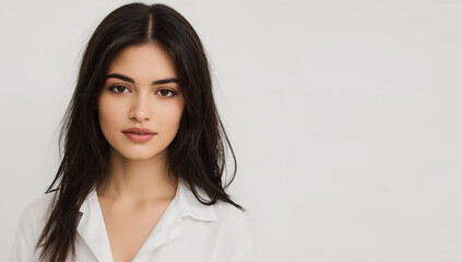 Beautiful Young Woman Portrait with Natural Makeup, Long Black Hair, Wearing White Shirt, Studio Shot on Minimalist Background, Elegant Female Model for Fashion, Beauty and Lifestyle Concept