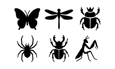 Silhouette collection of insects: butterfly, dragonfly, beetle, spider, mantis