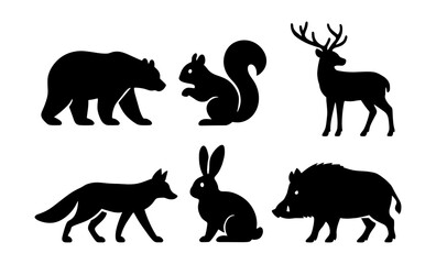 Obraz premium Wildlife silhouettes: bear, squirrel, deer, fox, rabbit, boar