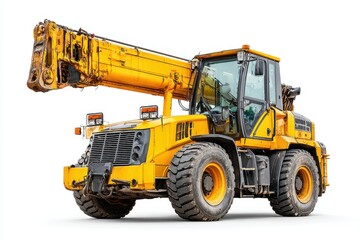 Yellow Construction Machinery with Telescopic Arm on White Background